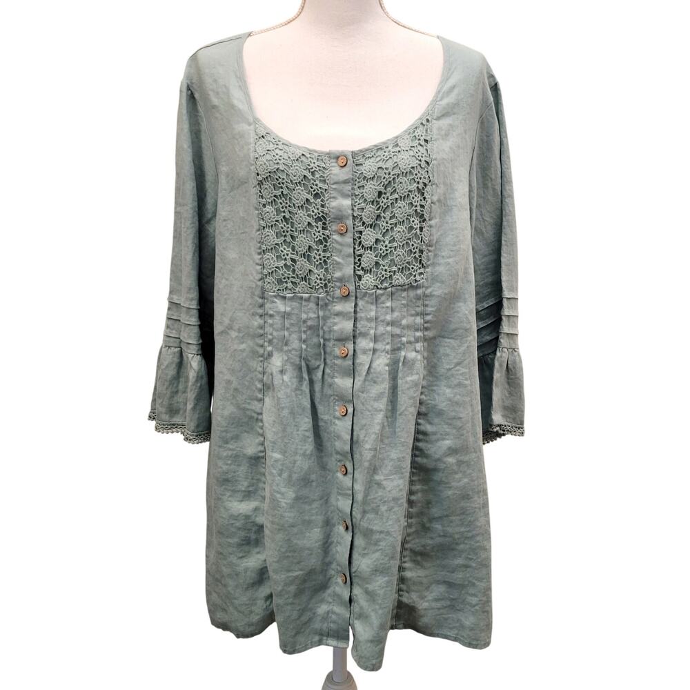 Soft Surroundings Tunic Blouse XL Green Button Up Linen